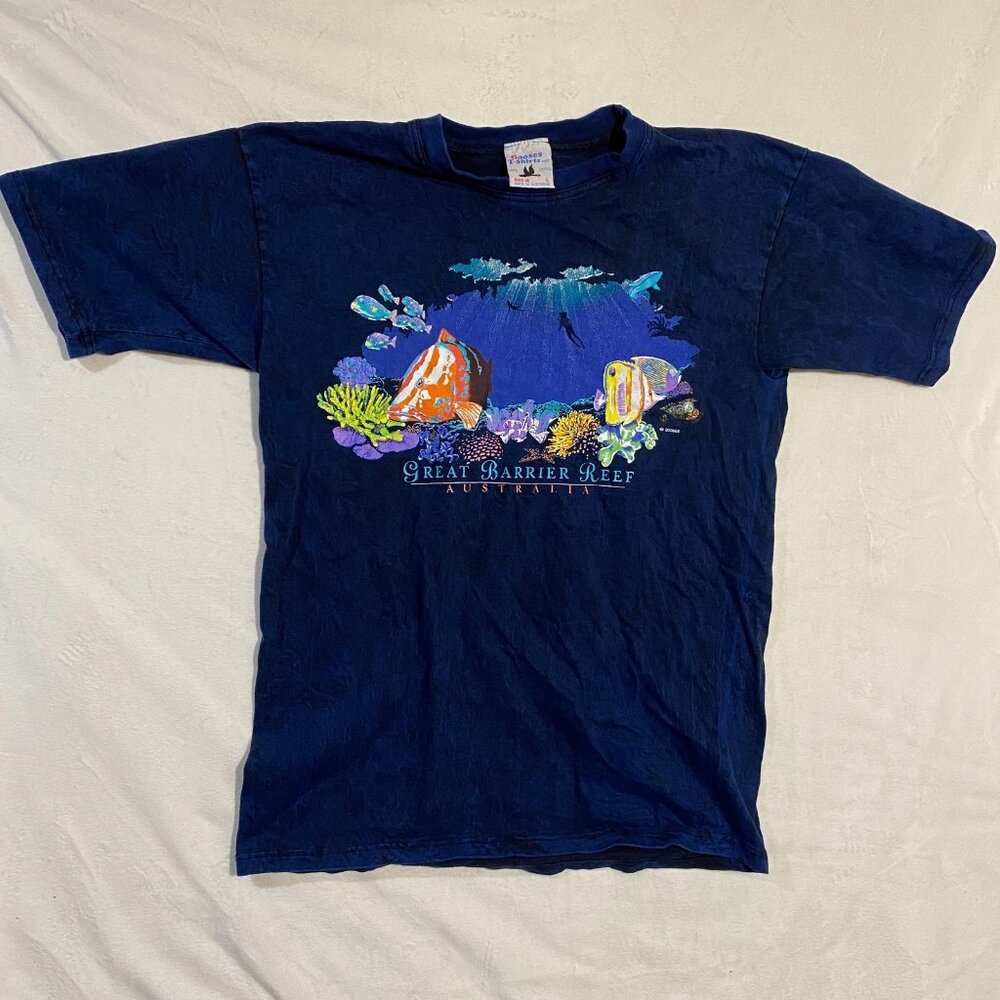 Gooses T-Shirts Unisex L Navy Blue Great Barrier Reef Graphic Short Sleeve